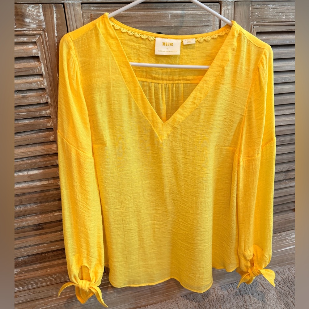 Maeve by Anthropologie Yellow Tie Sleeve V-Neck Blouse Lightweight Boho XS